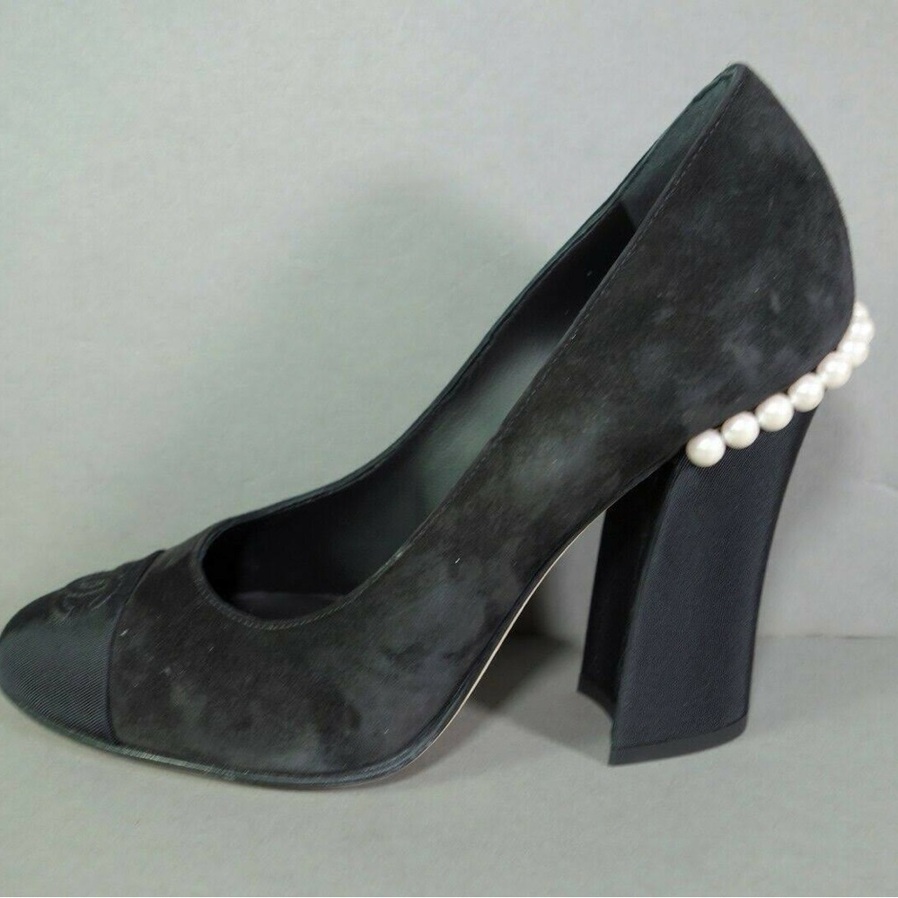 Like New CHANEL Black Suede / Grosgrain Heels w/ Pearl Detail WITH BOX 40.5